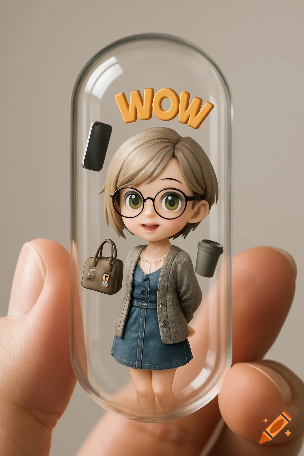 A realistic photo of a chibi character figurine inside a glass capsule held by fingers, with floating items and 'WOW' text.