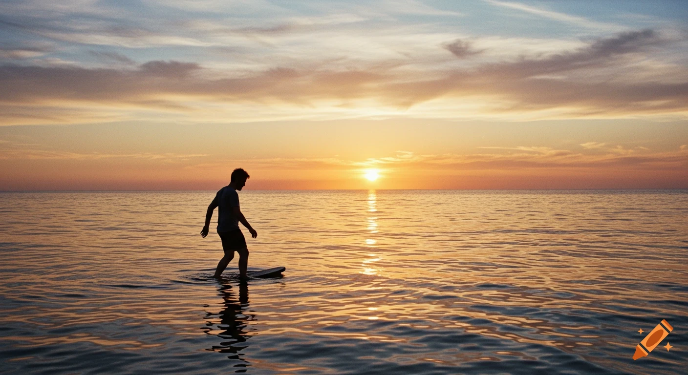 Silhouette of a man on a board in the sea at sunset.