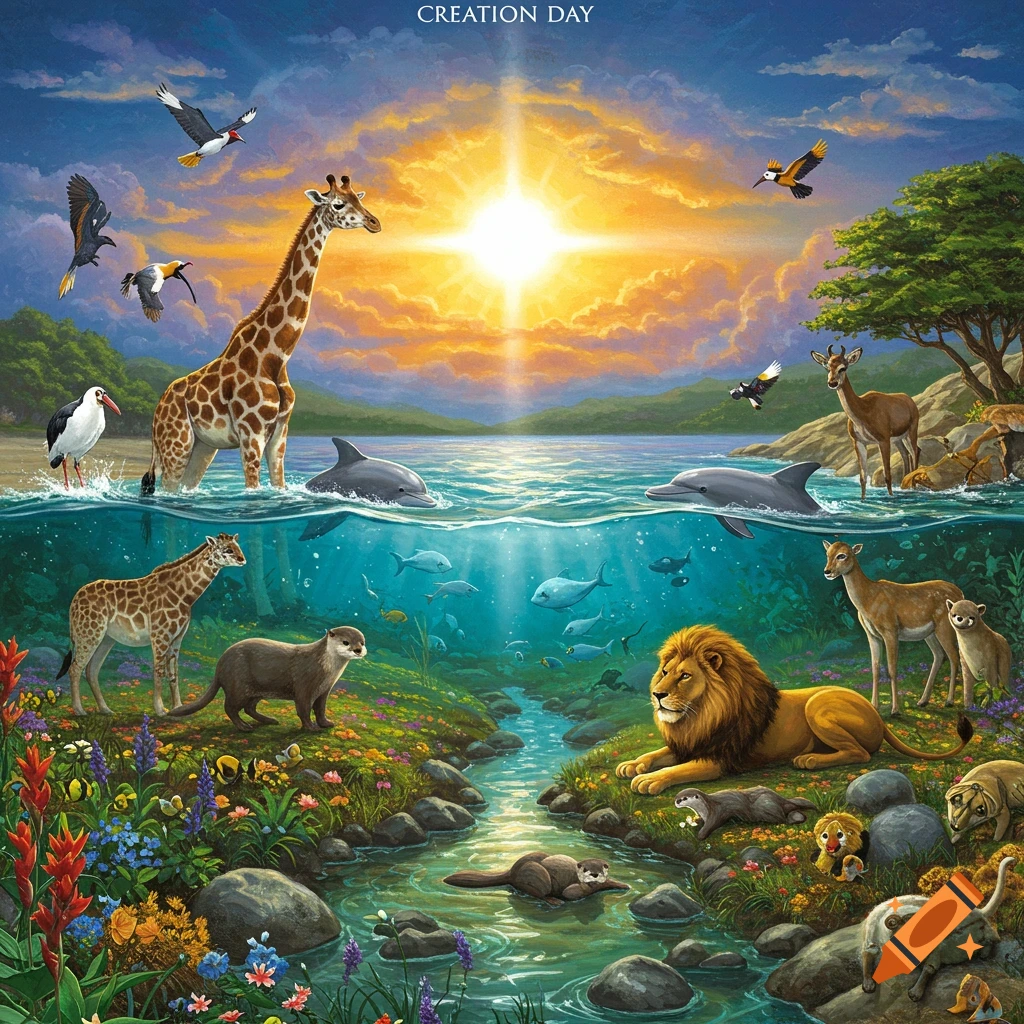Vibrant illustration of animals on land and in water under a bright sun, depicting creation.