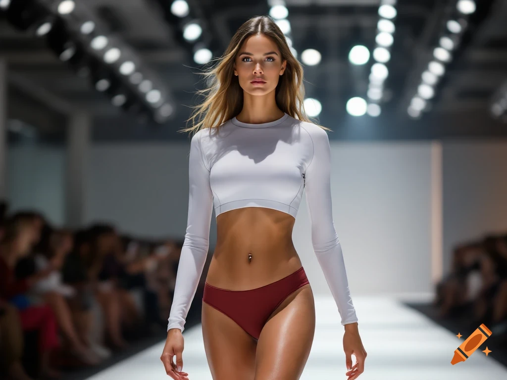A model walks down a brightly lit indoor runway wearing a white cropped rashguard and red bikini bottoms.