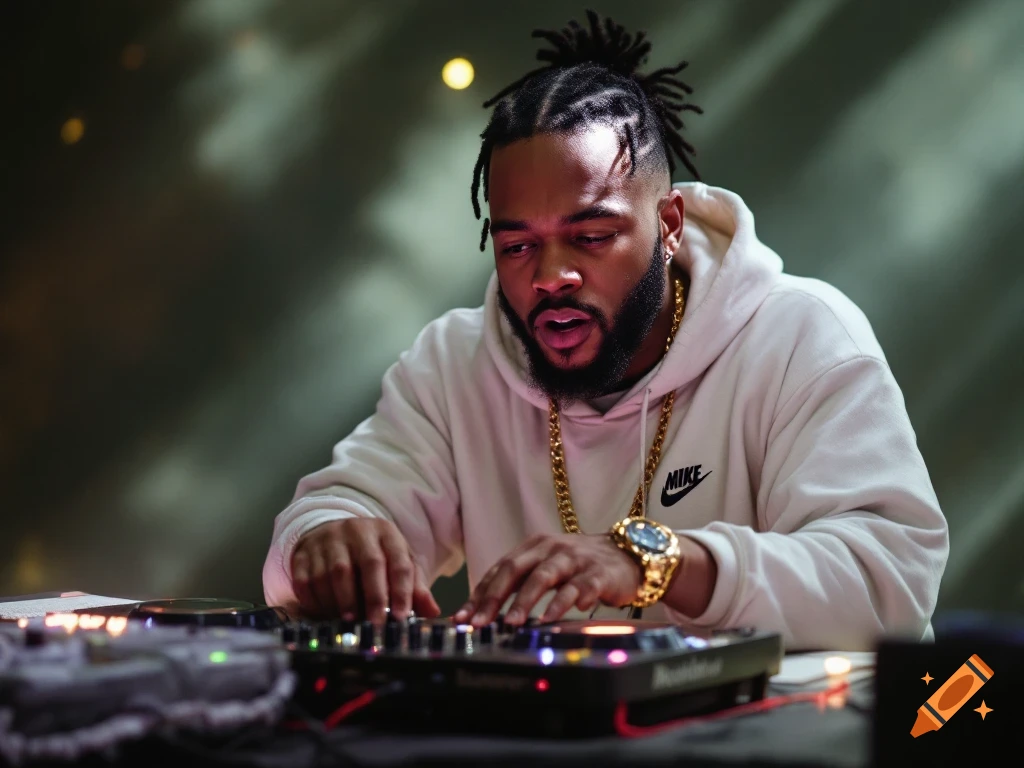 A man with dreadlocks wears a white hoodie and gold chains while DJing at a table with electronic equipment.
