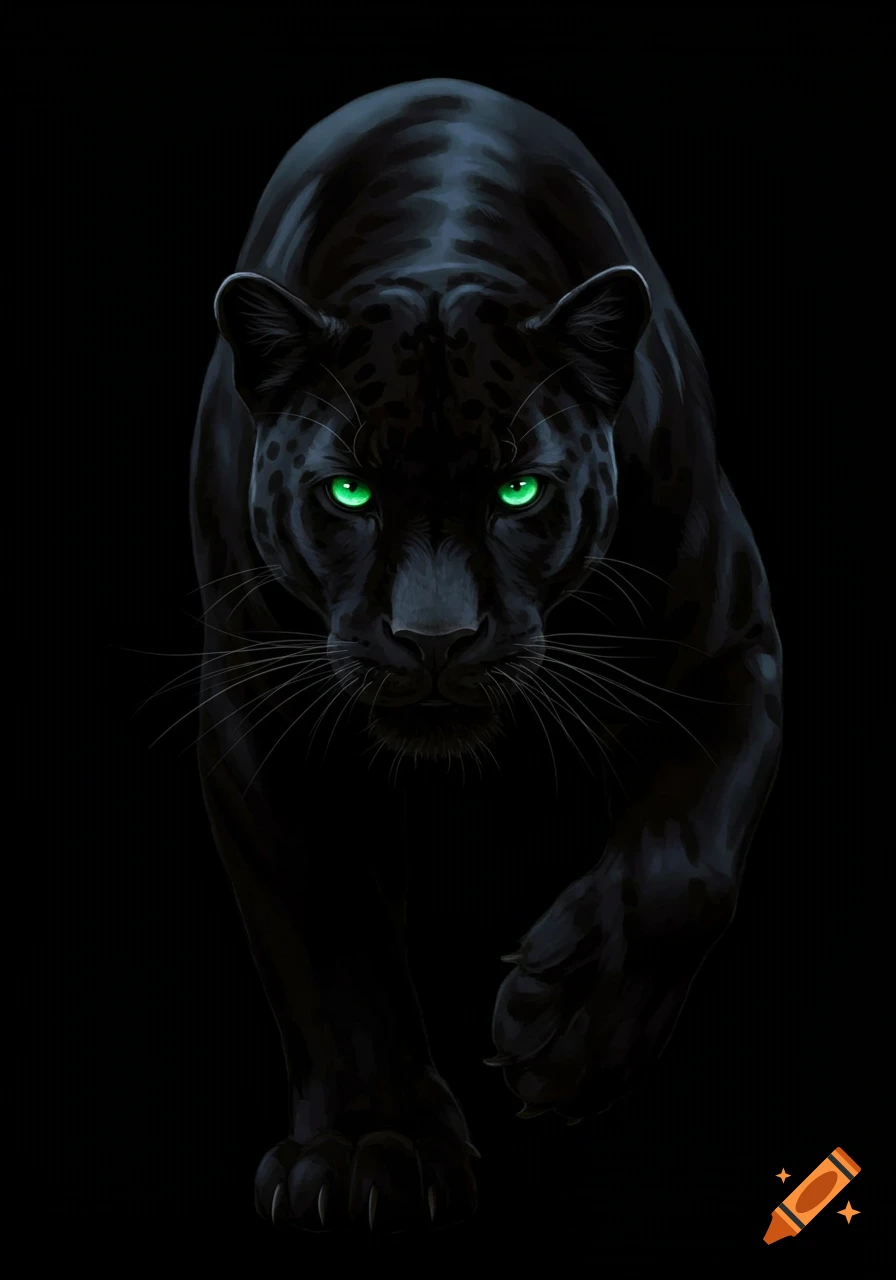 A black panther with bright green eyes stares forward from a dark background.