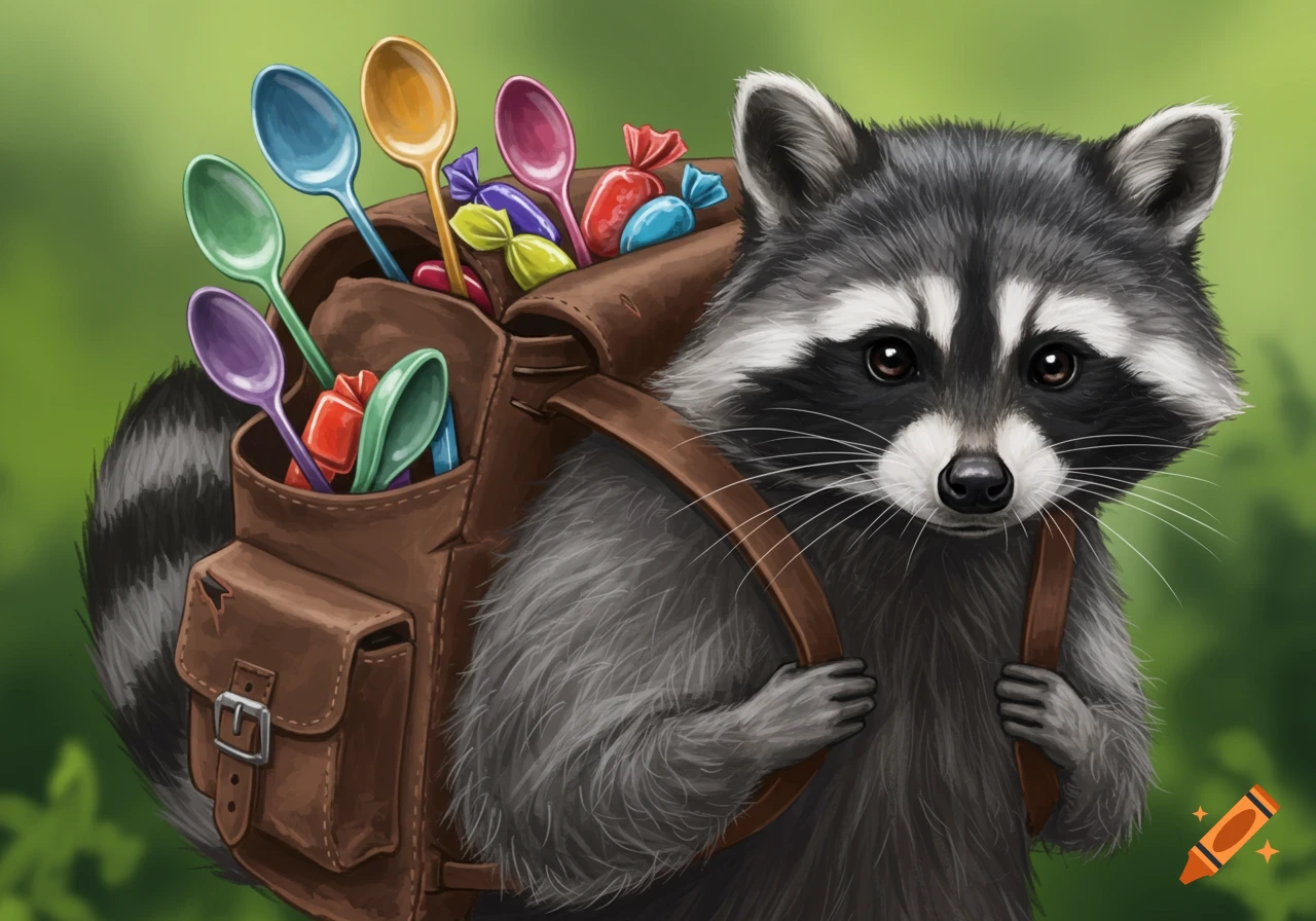 Illustration of a raccoon wearing a backpack filled with colorful spoons and candy.