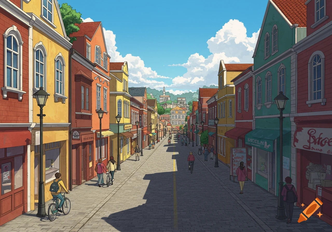 Anime style illustration of a street lined with colorful buildings, featuring people walking and cycling.