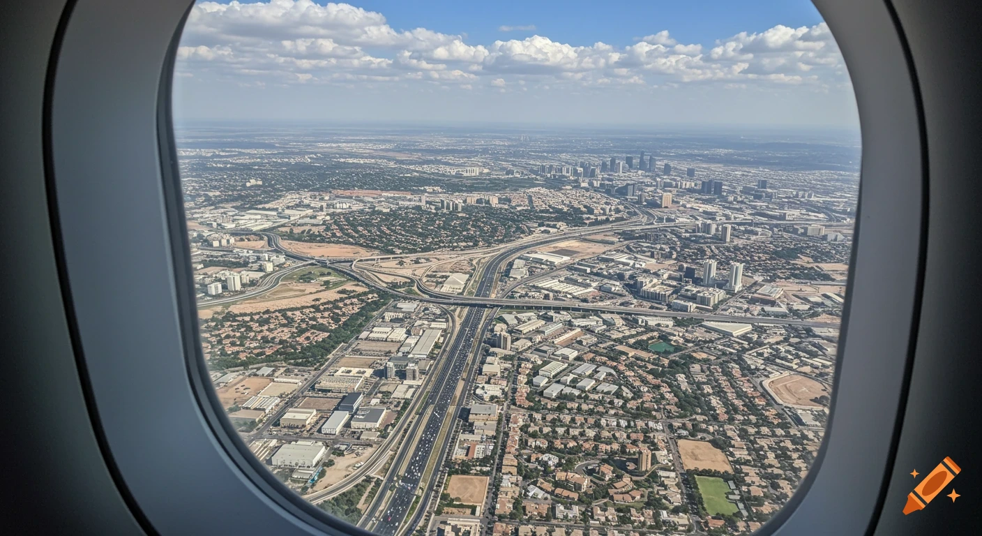 View of a city, highways, and suburbs from an airplane window