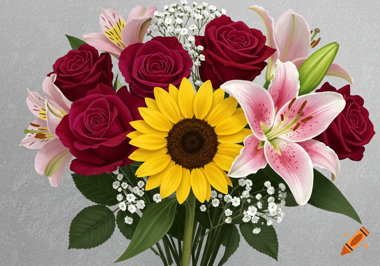A colorful bouquet with red roses, pink lilies, a yellow sunflower, and baby's breath.