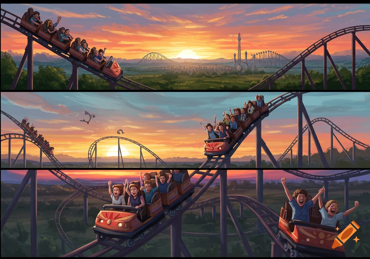 Illustrated scene of people happily riding a rollercoaster through an amusement park at sunset.