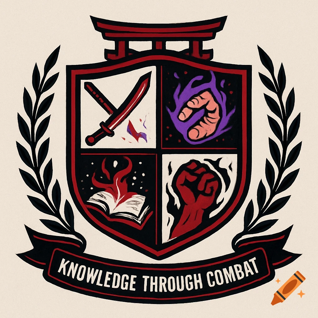 A crest with symbols: crossed swords, magical hand, book, fist, laurel branches, torii gate, and banner text "Knowledge Through Combat".