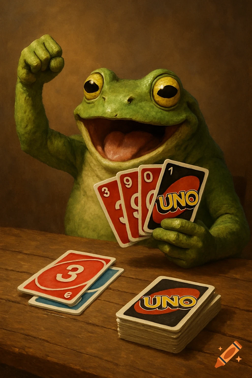 A green frog sits at a table playing Uno, holding cards and raising a fist in victory. Stylized painting.