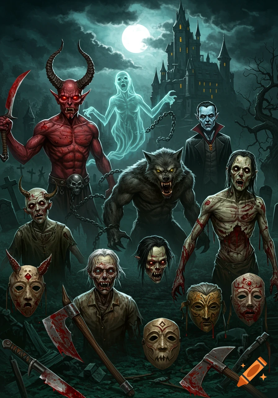 A group of monsters including a demon, ghost, werewolf, vampire, and  zombies in a graveyard with a castle. on Craiyon, image size:896x1280