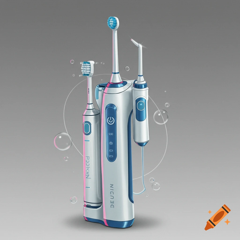 Illustration of an electric toothbrush, water flosser, and combined unit with bubbles.