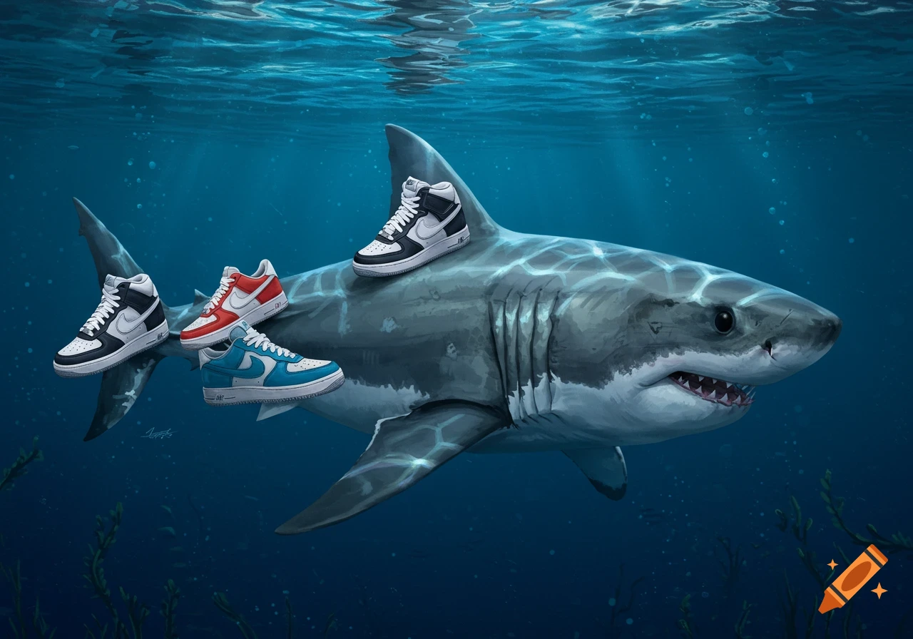 Digital illustration of a shark swimming underwater with several Nike shoes floating near and on its body.
