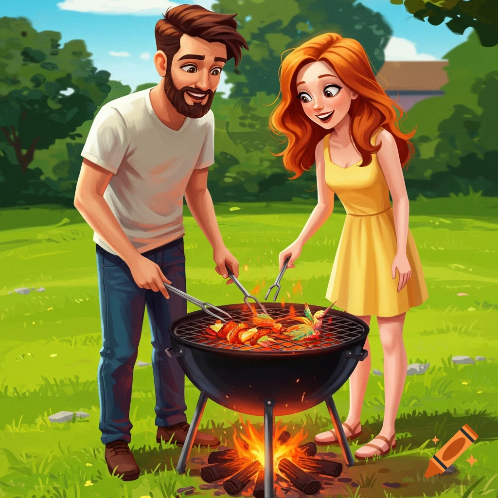 Cartoon illustration of a man and woman barbecuing outdoors.