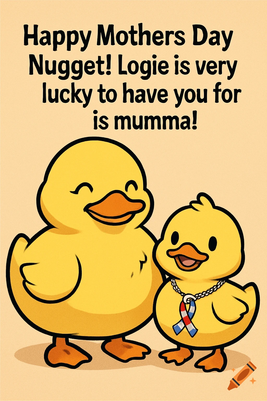 Cartoon mother duck and baby duck wearing an autism ribbon with Mothers Day text.