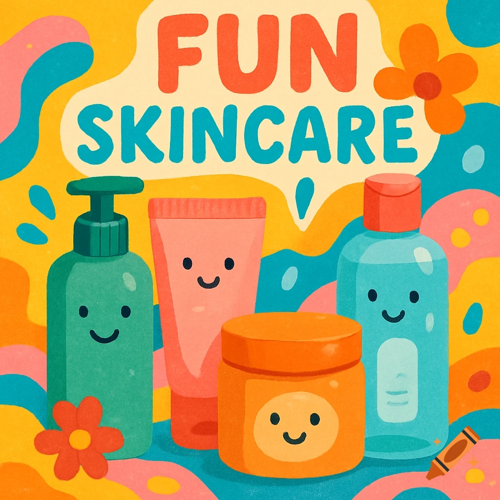Cartoon illustration of happy skincare products and text FUN SKINCARE