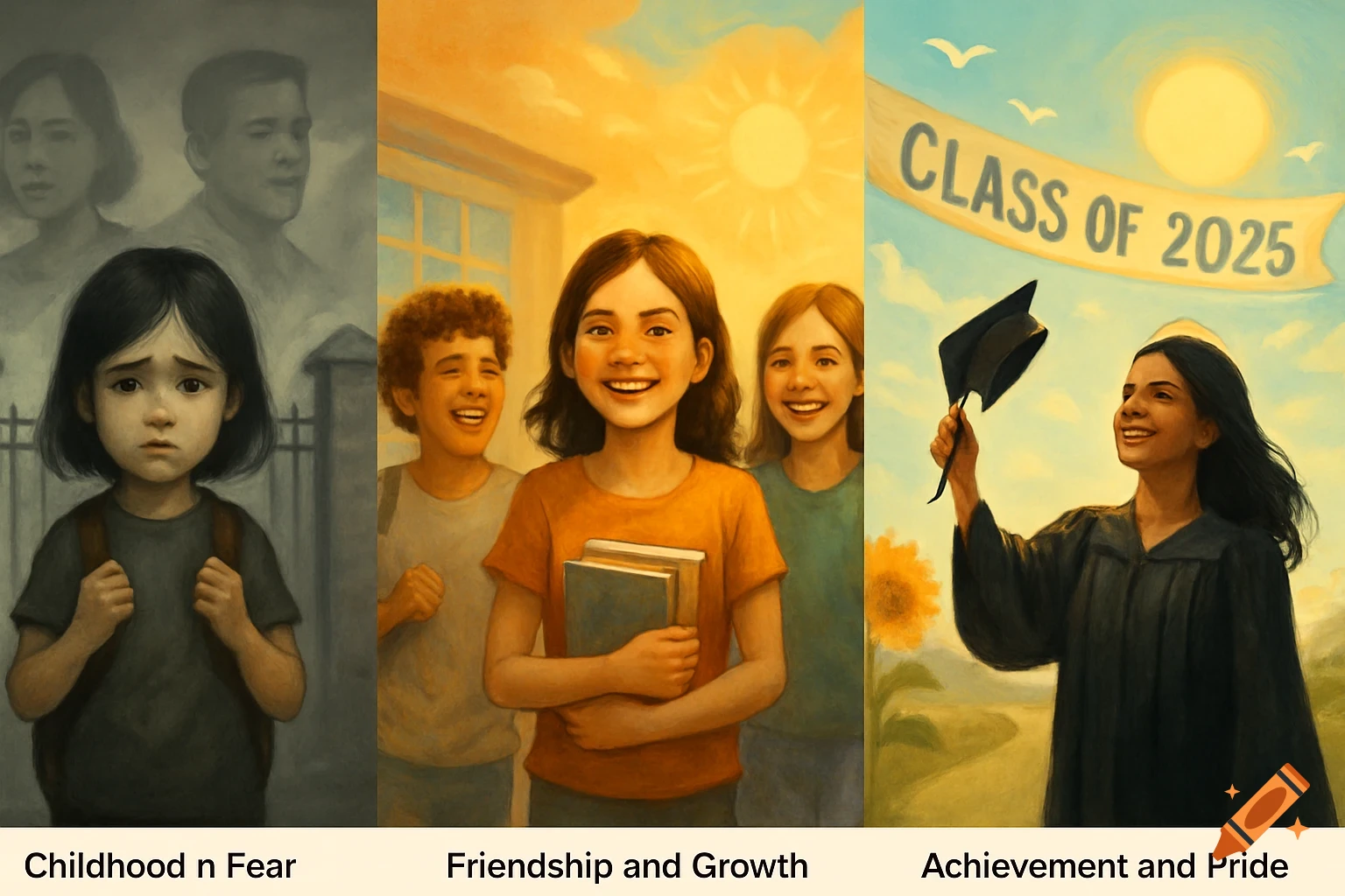 Three-panel illustration shows a fearful child, smiling friends, and a proud graduate with a Class of 2025 banner.