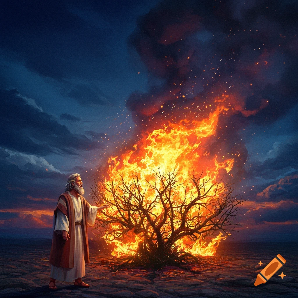 A robed figure stands before a large, burning bush at dusk.
