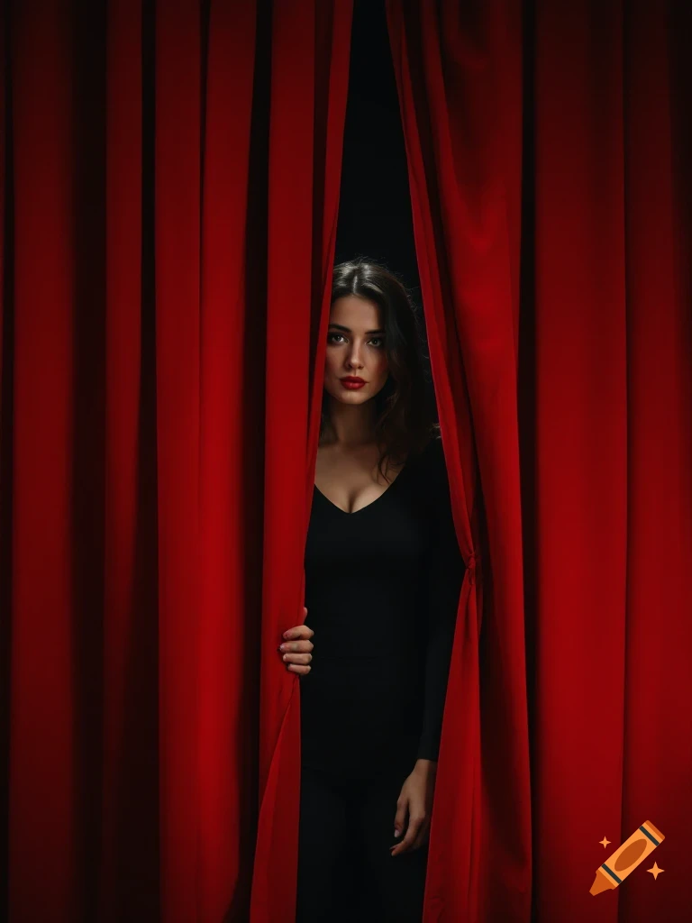 Woman in black peeking through red theater curtains, photorealistic.