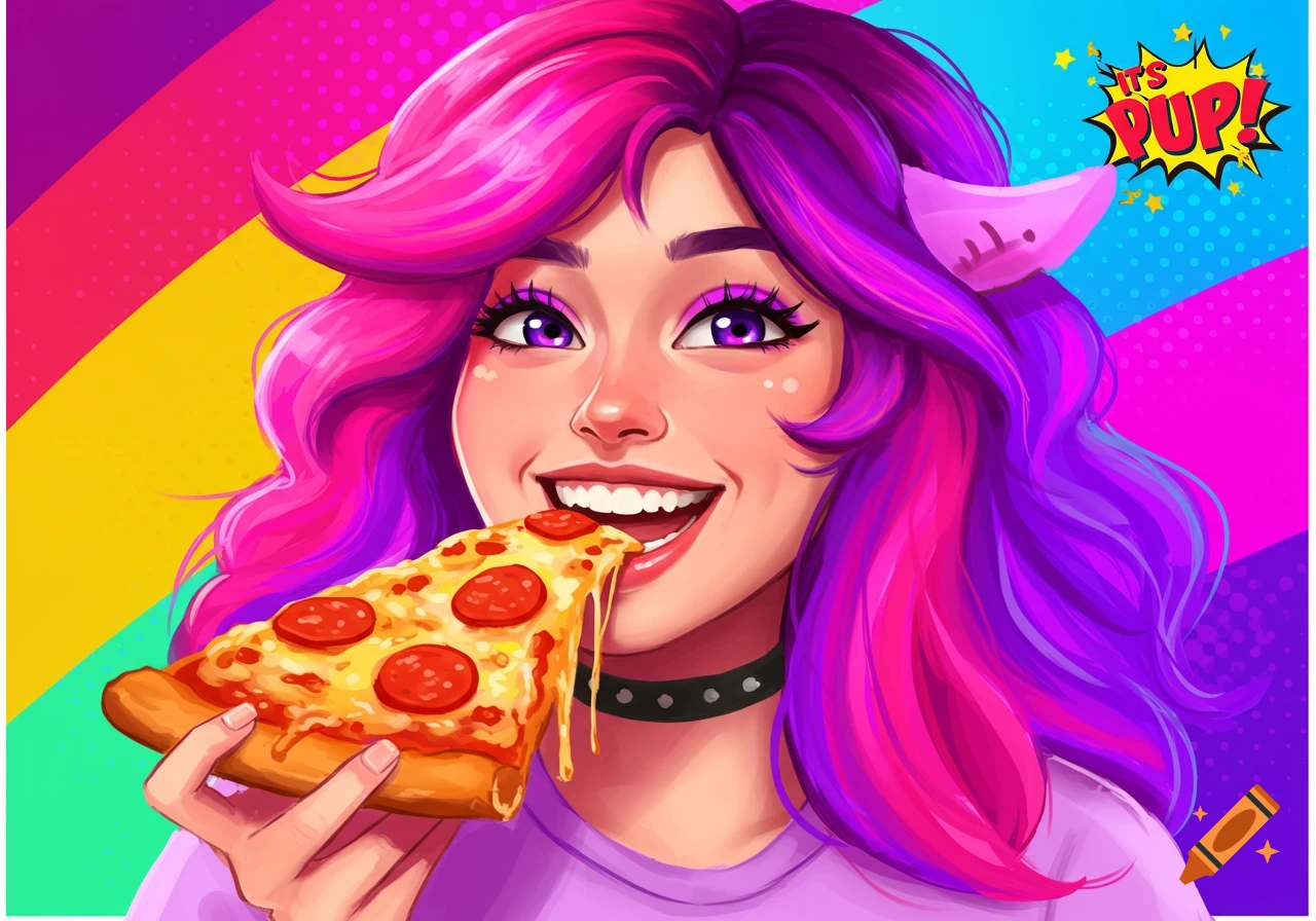 Cartoon girl with pink and purple hair eats a slice of pizza against a colorful background.