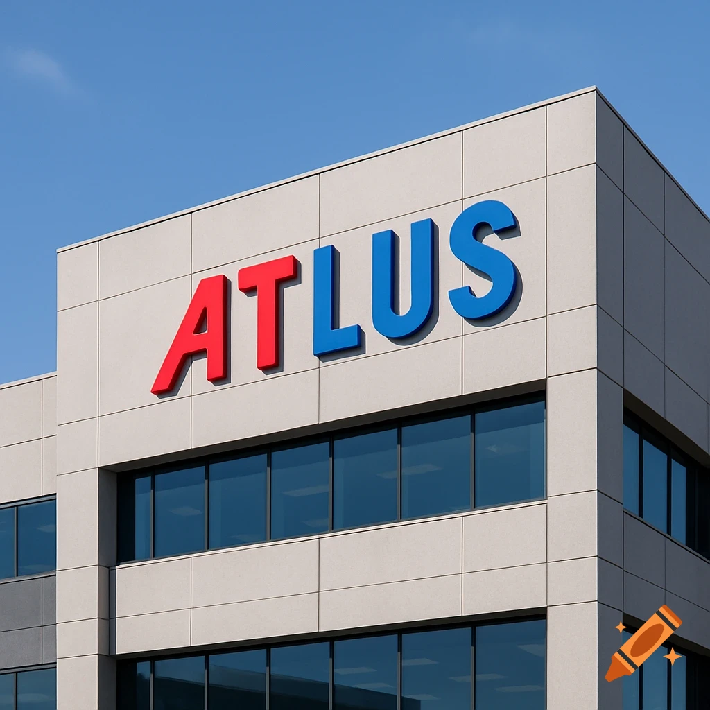 A close-up photo of a modern building facade with a large 'ATLUS' logo.