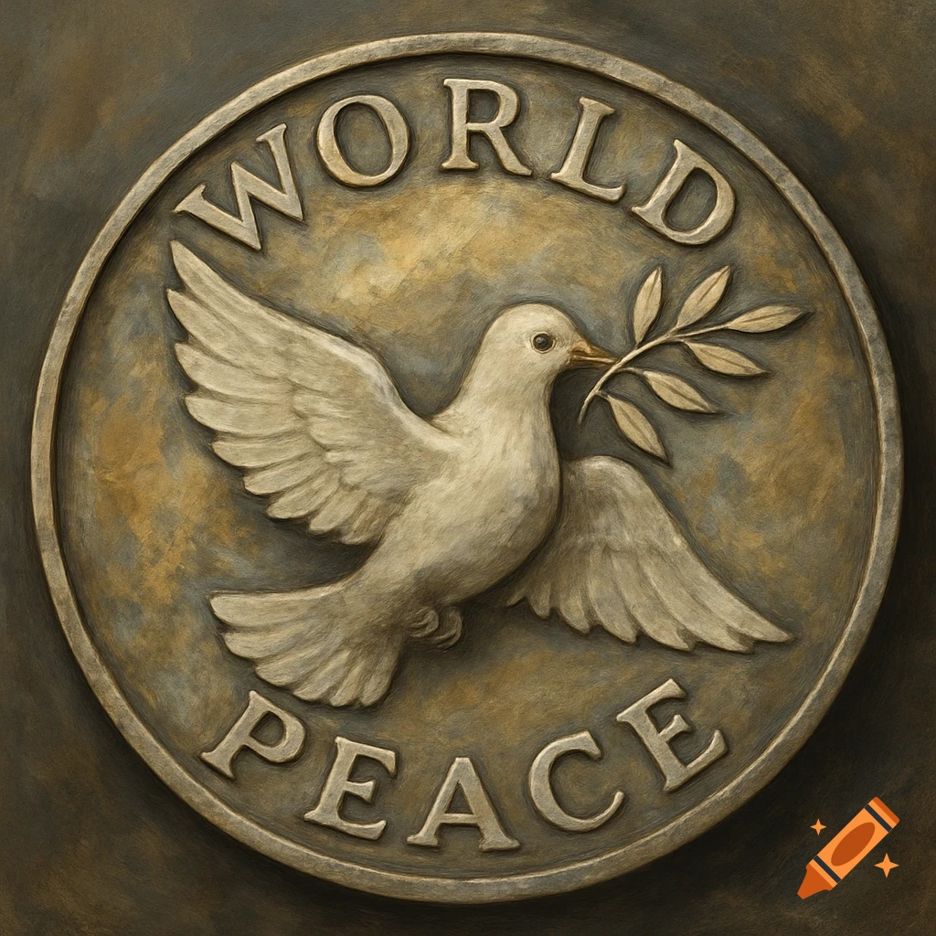 A bronze token or medal featuring a dove carrying an olive branch, with the words 'WORLD PEACE' around the edge.