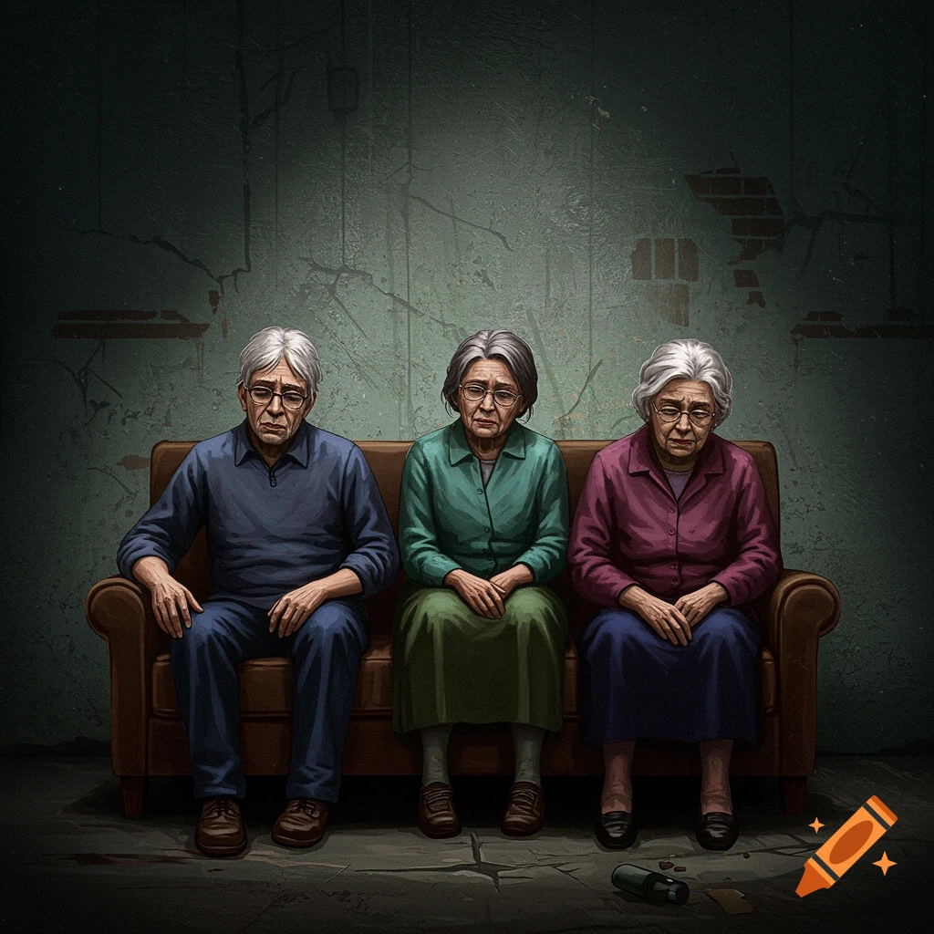 Three sad elderly people sit on a sofa in a dark room.