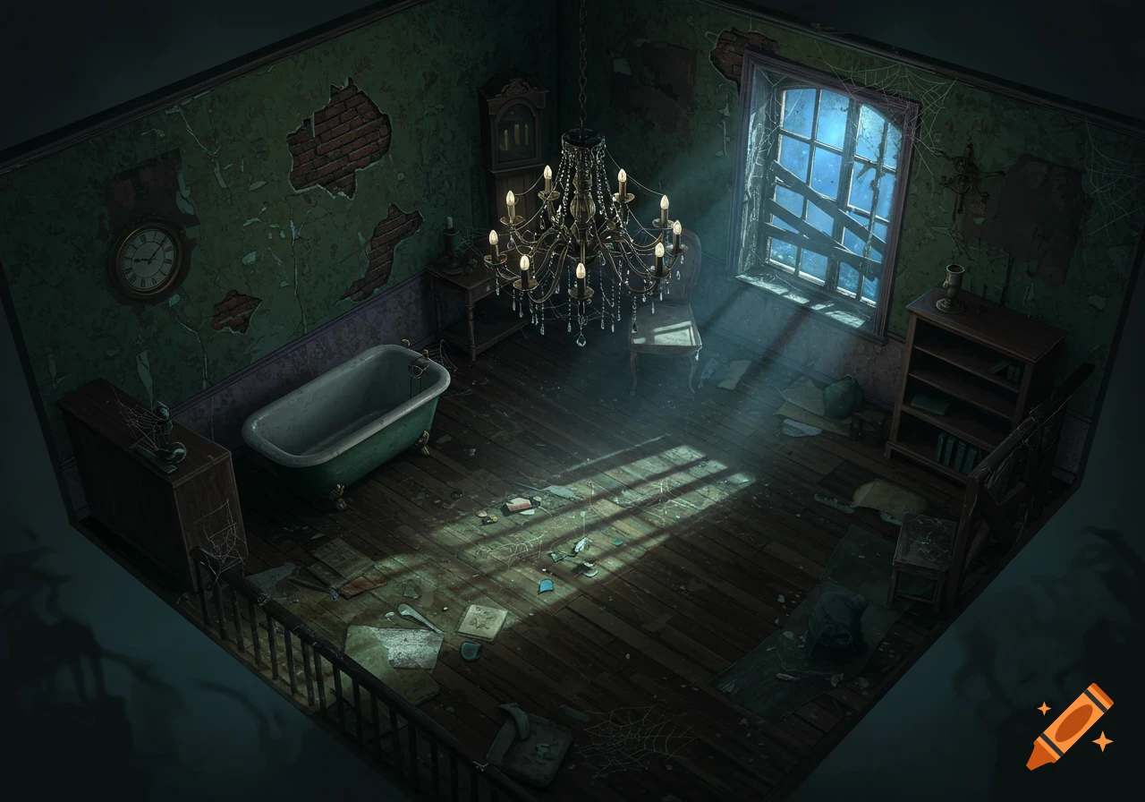 Top-down view of a spooky, abandoned room with a bathtub, chandelier, and light streaming from a broken window.