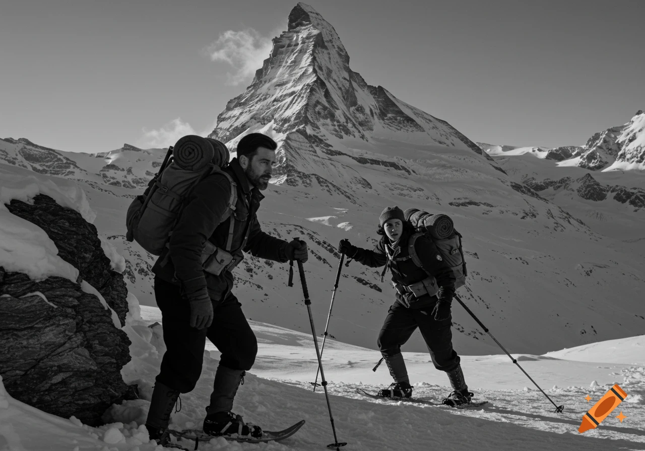 Two people hike on a snowy mountain with a large peak behind them in black and white.