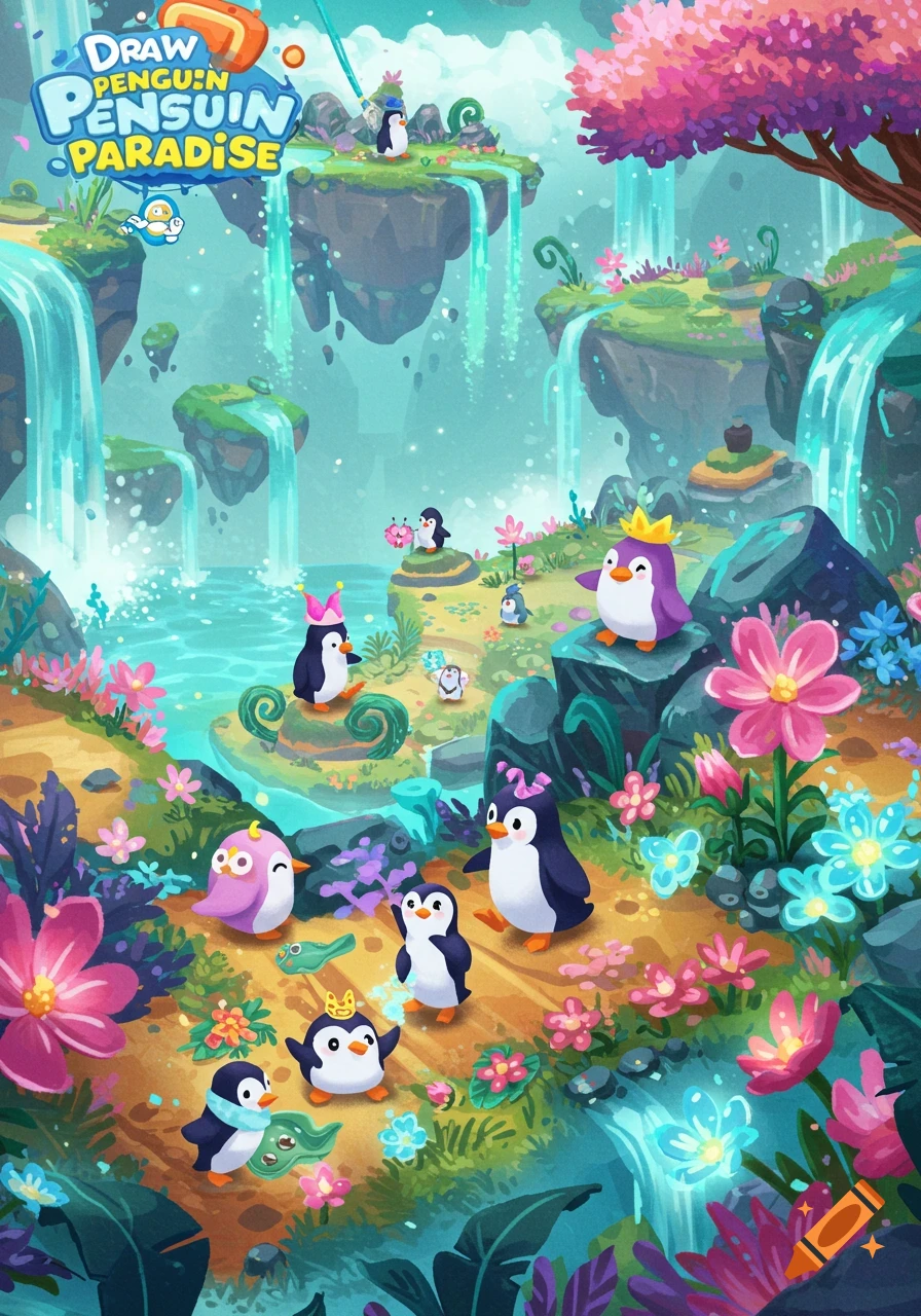 Cartoon penguins in a colorful fantasy paradise with floating islands and waterfalls.