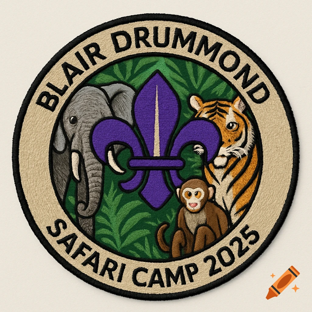 Embroidered circular patch with elephant, tiger, monkey, fleur-de-lis, and 'Blair Drummond Safari Camp 2025'.