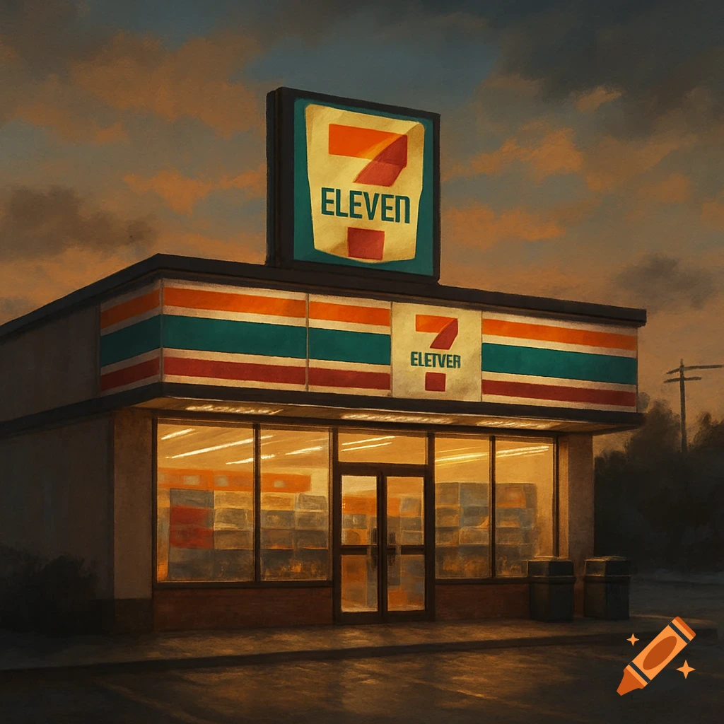 A stylized painting of a store building at dusk with a sign that says ELEVEN.