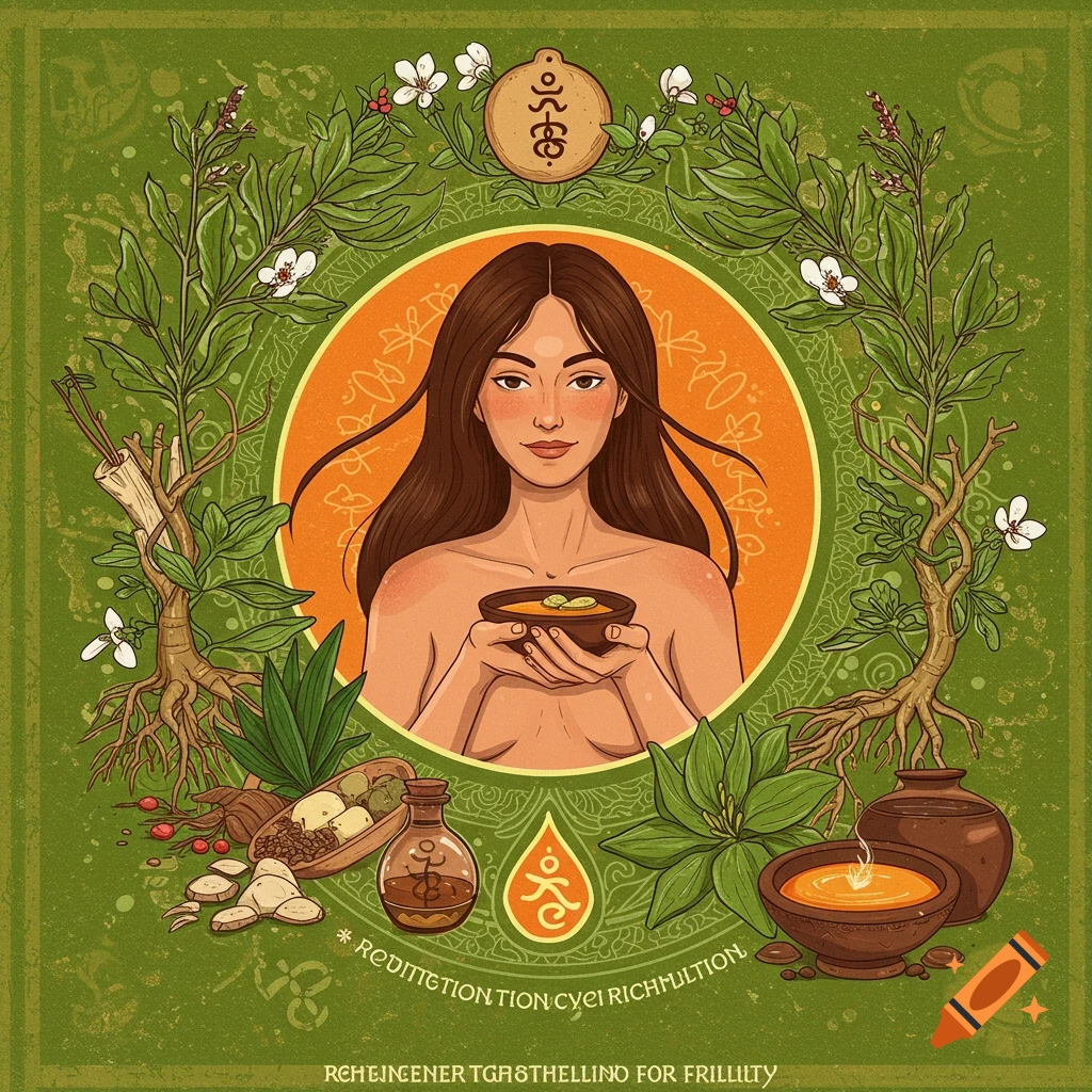 Illustration of a woman holding a bowl, surrounded by roots, herbs, and symbols, in a decorative, green-toned style.