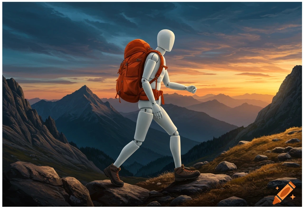 A mannequin with an orange backpack hikes on a rocky mountain trail at sunset.