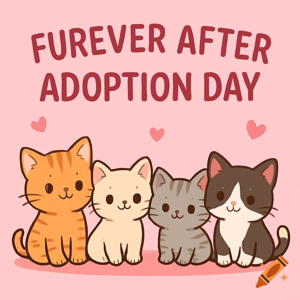 Cute cartoon kittens sitting under text 'FUREVER AFTER ADOPTION DAY'
