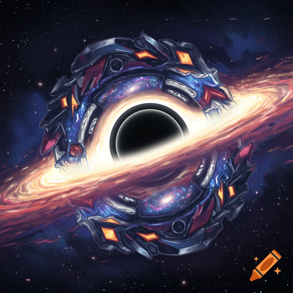 A mechanical object inspired by a Beyblade and a black hole, set in space with swirling galaxy dust.