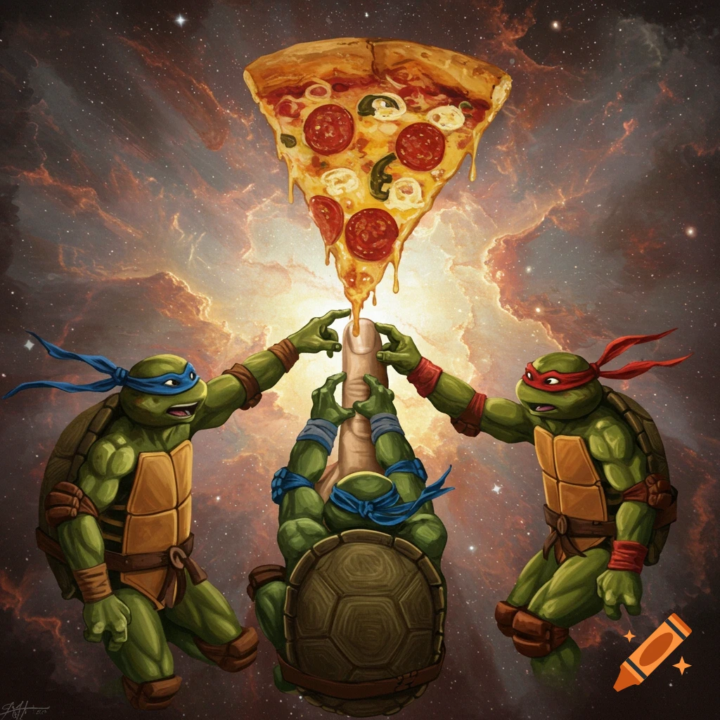 Teenage Mutant Ninja Turtles parody the Creation of Adam, reaching for a slice of pizza in space.