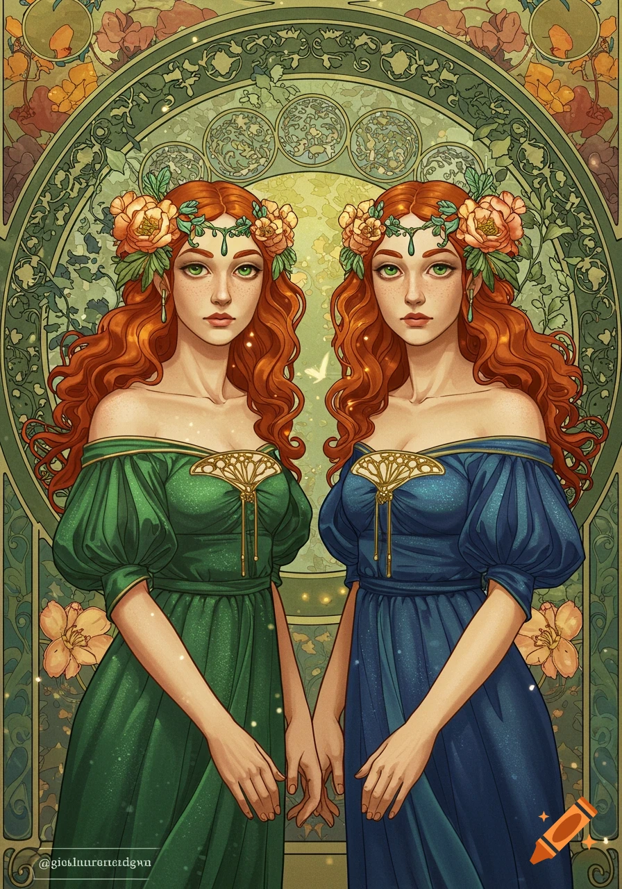 Art Nouveau illustration of two women with red hair in green and blue dresses amidst floral patterns.