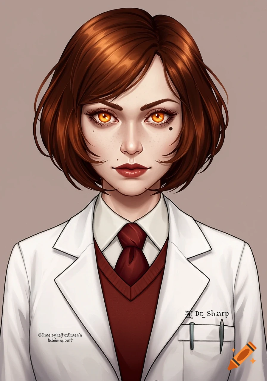 Portrait of a woman in a lab coat with short auburn hair and piercing orange eyes.