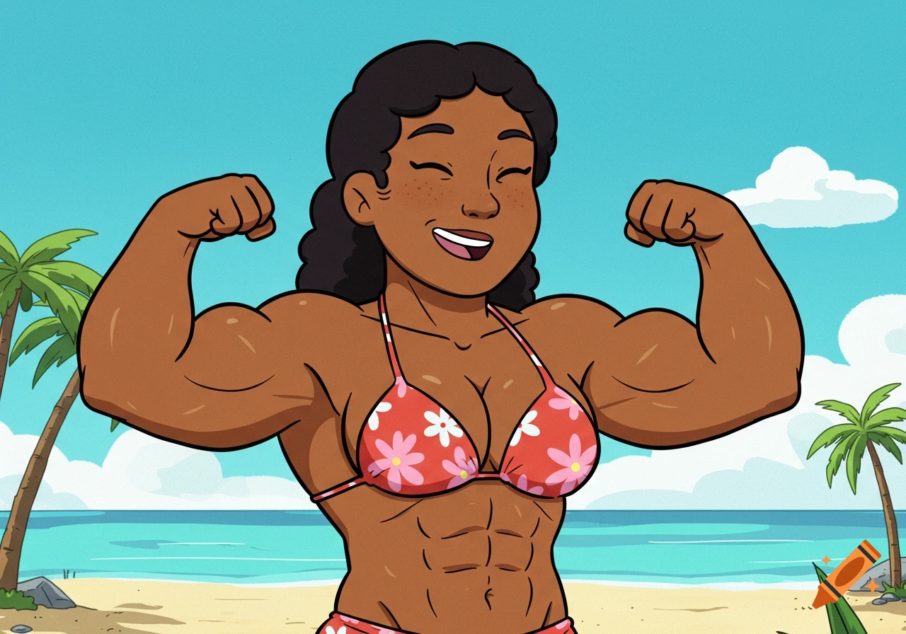 Cartoon of a muscular woman in a bikini flexing at the beach