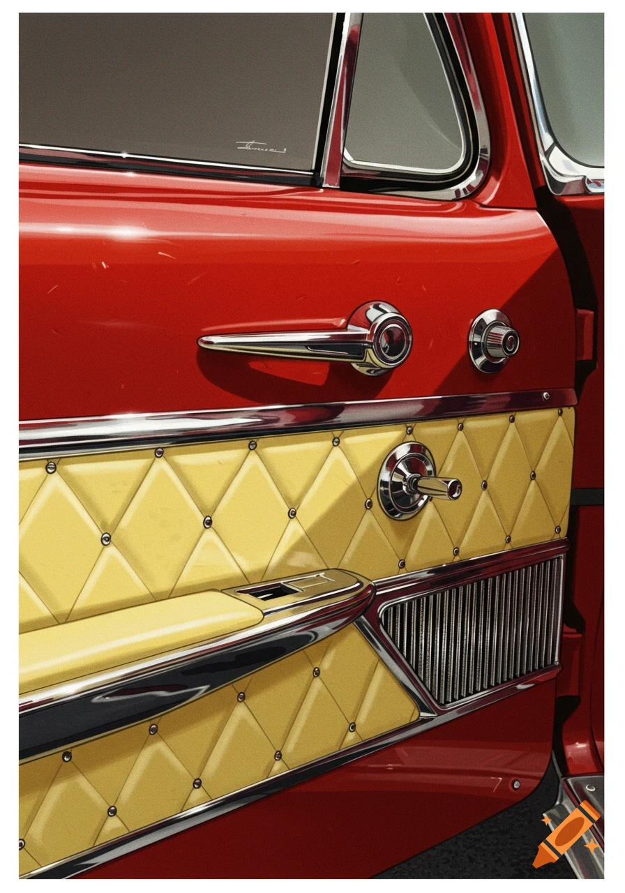 Close-up of a red vintage car door with yellow diamond-patterned interior panel