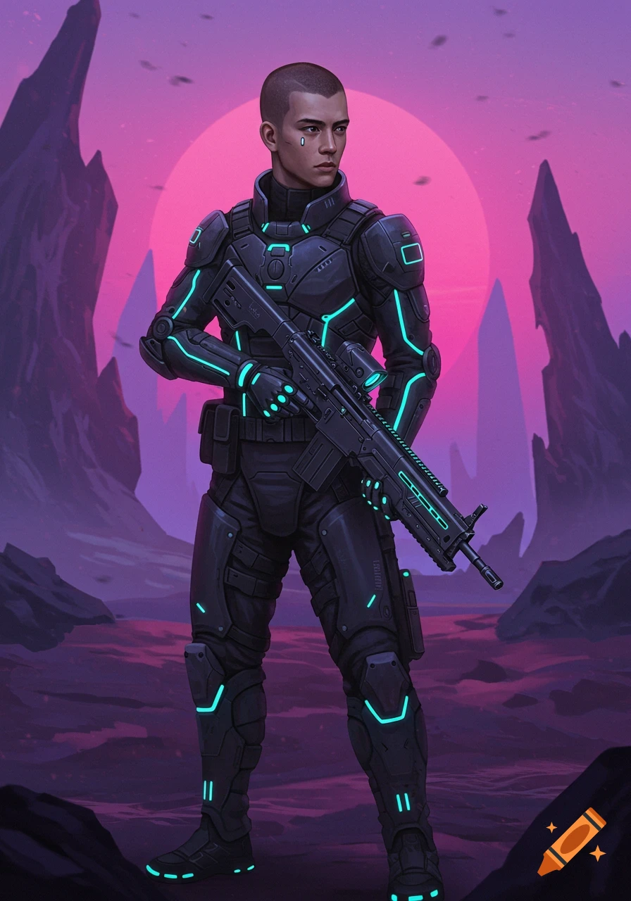 Sci-fi soldier in black armor with glowing blue accents stands in alien landscape at sunset.
