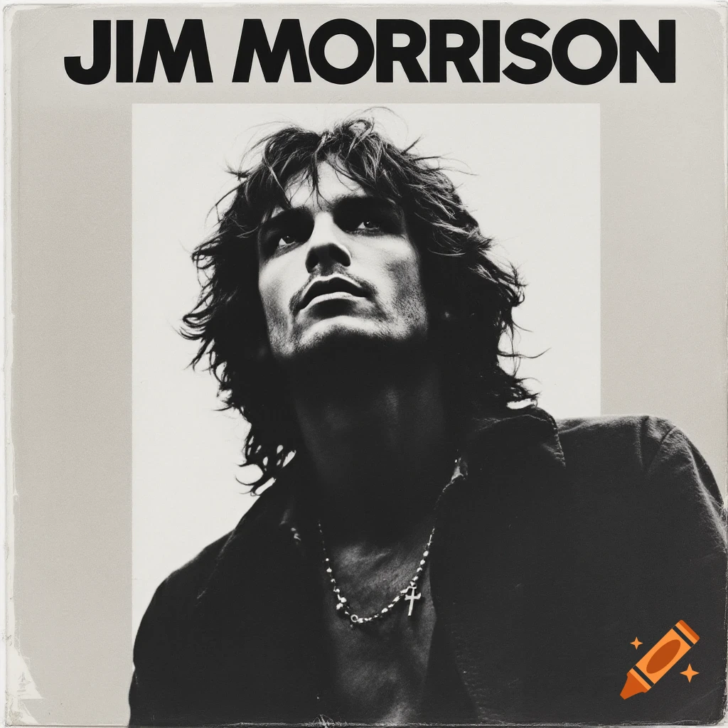 Black and white portrait of Jim Morrison looking up, with his name at the top.