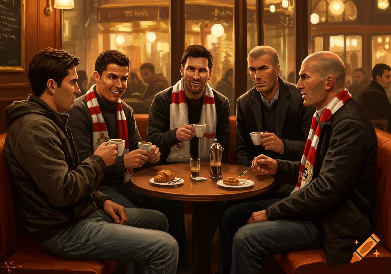 Painterly image of legendary footballers, including Ronaldo, Messi, and Zidane, drinking coffee at a cafe table.