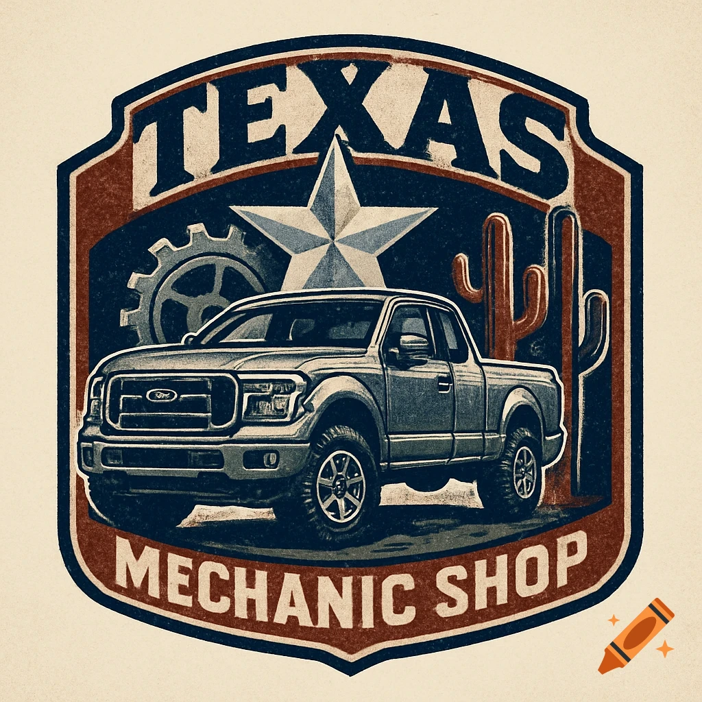 Retro Texas mechanic shop logo with a truck, star, gear, and cacti.