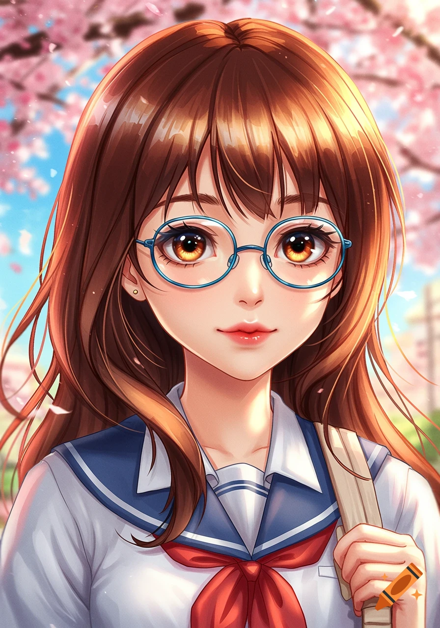 Close-up portrait of an anime school girl with brown hair and blue glasses, standing under cherry blossoms.
