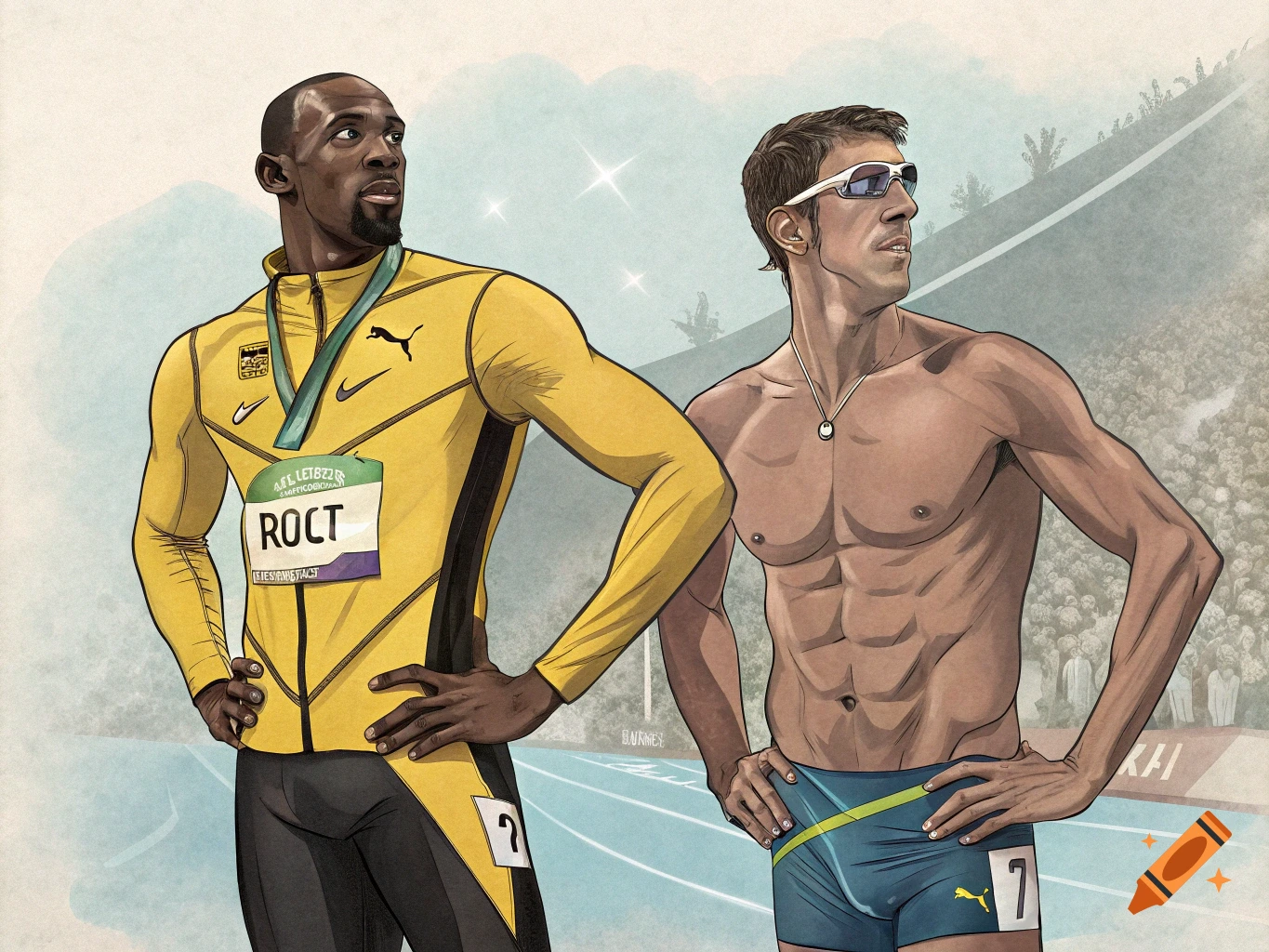 Stylized illustration of Usain Bolt and Michael Phelps posing on a track.