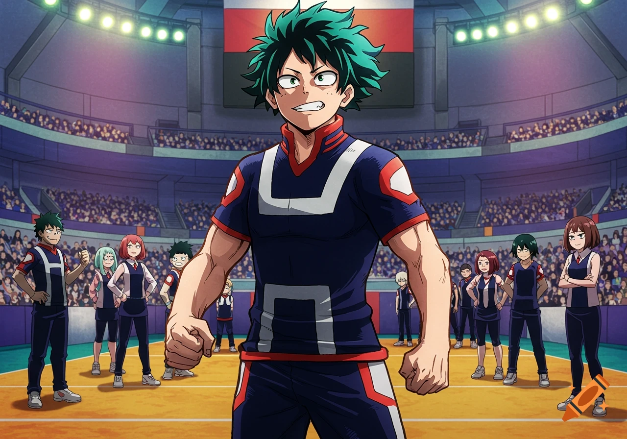 My Hero Academia character in a sports uniform stands in a stadium with other students and a crowd.