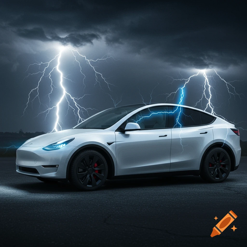 A white Tesla Model Y is parked on pavement under a dark, stormy sky with blue lightning strikes.