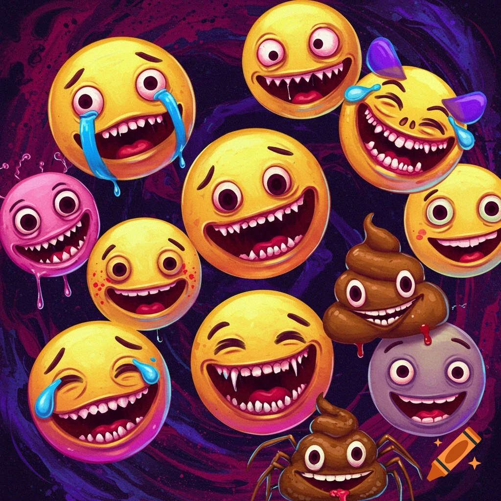 Group of grotesque crying, laughing, and sharp-toothed emojis and smiling poop characters.