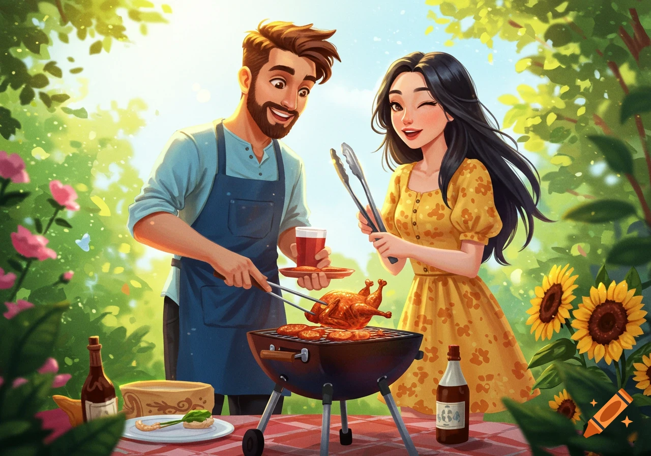 Illustrative painting of a man and woman barbecuing in a sunny garden.